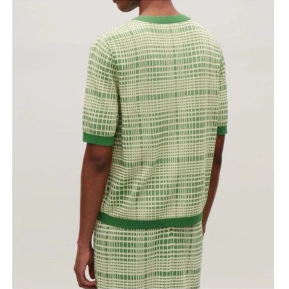 COS Checked Jacquard Knit Top Green & Cream Size XS Oversized Boxy Short Sleeve